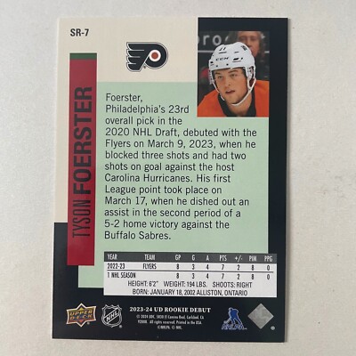2023 Upper Deck Rookie Debut #SR-7 Tyson Forester RC NHL Star Rookie
