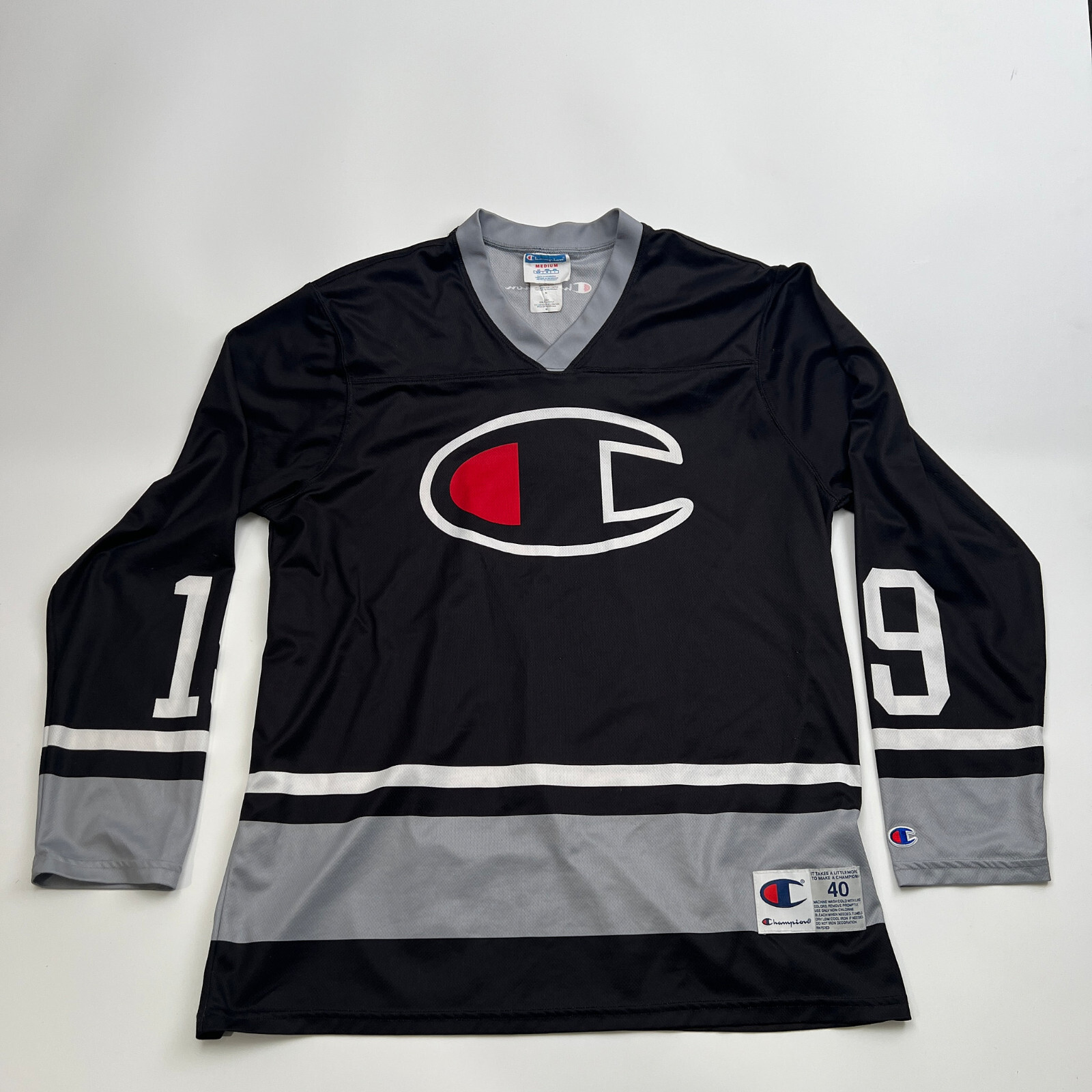 Champion Hockey Jersey #19 Black/Grey Big Champion Logo Men Champion Hockey Jersey #19 Black/Grey Big Champion Logo Men