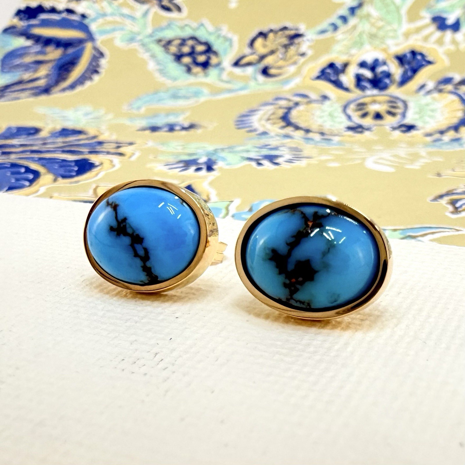 14k Yellow Gold Egyptian Turquoise Custom Made Stud Earrings, New Pair #2 - Picture 8 of 8