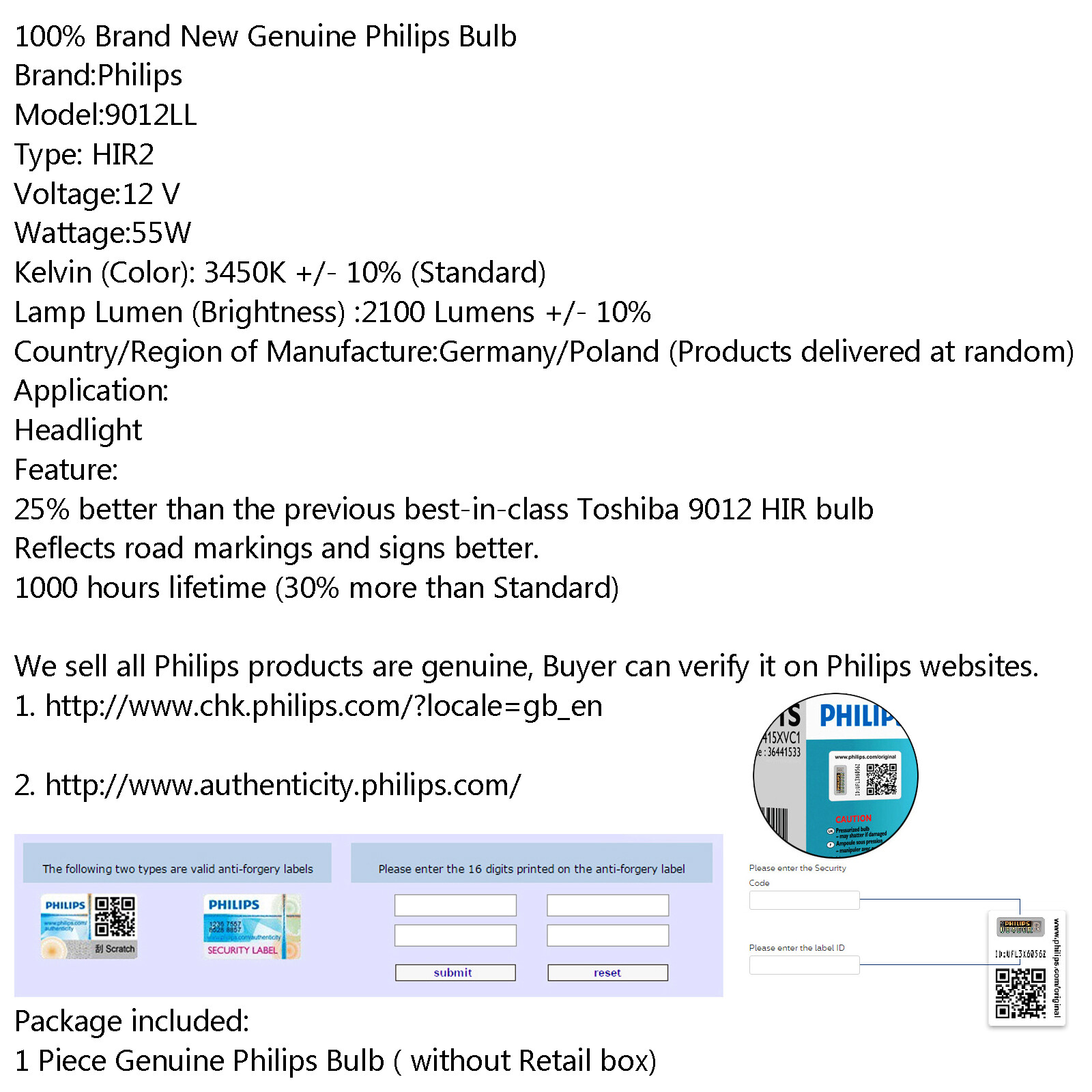 For Philips 9012LL/HIR2 X 1 Bulb 12V 55W Long Life Version High Performance