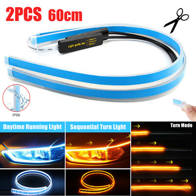 2 x 60CM Slim Amber Sequential Flexible LED DRL Turn Signal Strip for Headlight