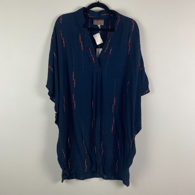 Bel Kazan Bodhi Poncho Tunic Top Size S/M Navy Blue Ikat V Neck Blouse Anthro