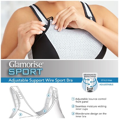 Glamorise UNDERWIRE SPORT Bra (Adjust Support Low-High-Impact) Wicks! White NEW