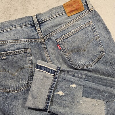 Anthropologie Levi's 501 CT Selvedge Stacked Patch Jeans 30x28 Distressed EUC