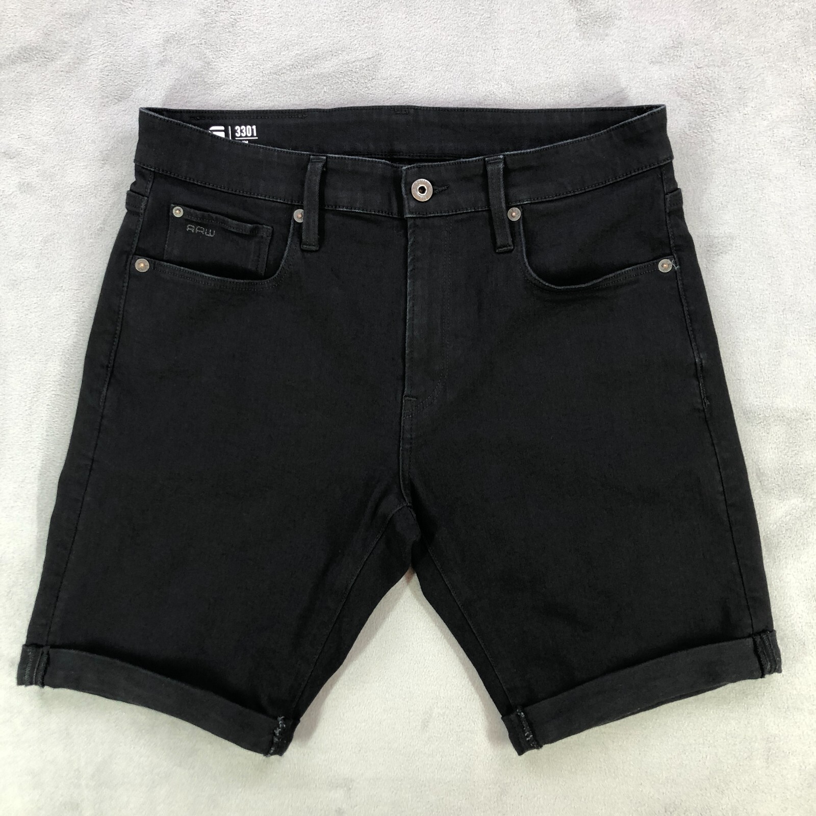 G Star Raw Shorts Mens 31 Black 3301 Slim Jean Shorts Cuffed