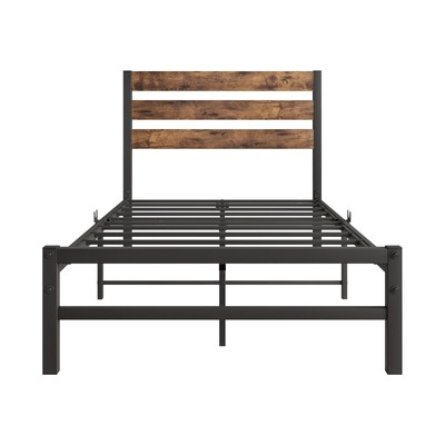 Twin Size Bed Frame with Vintage Wood Headboard, Metal Slats Support