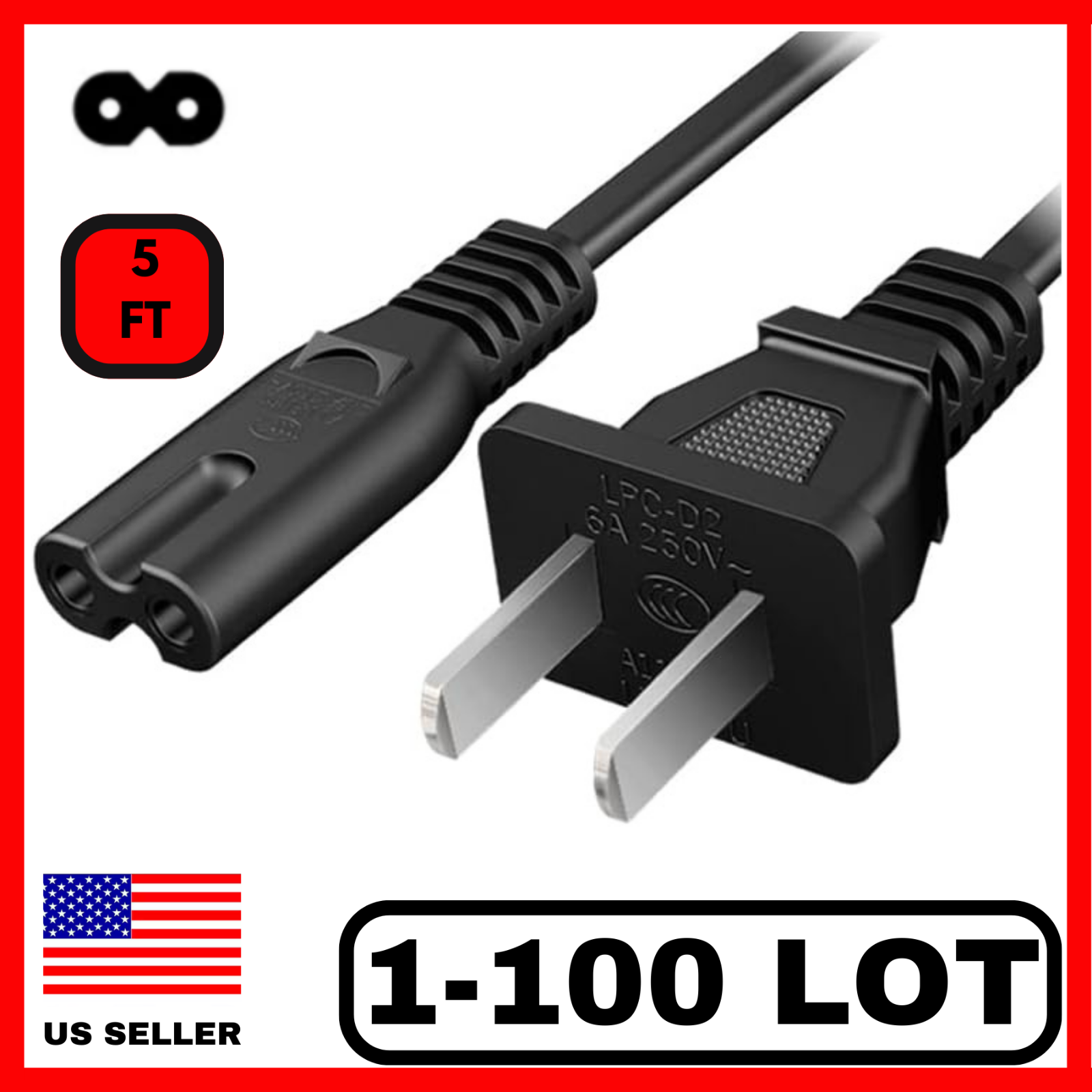 Lot of 1-100 2 Prong Ac Power Cord Cable Figure 8 2-Slot TV PS3 PS4 & PS5 - 5Ft
