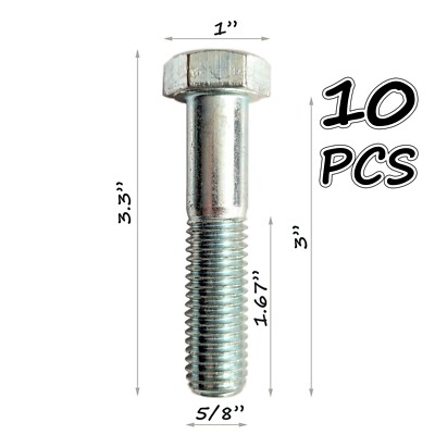 5/8-11 X 3'' Hex Head Cap Screws Grade 5 Zinc Plated 10 Pieces Partial Thread