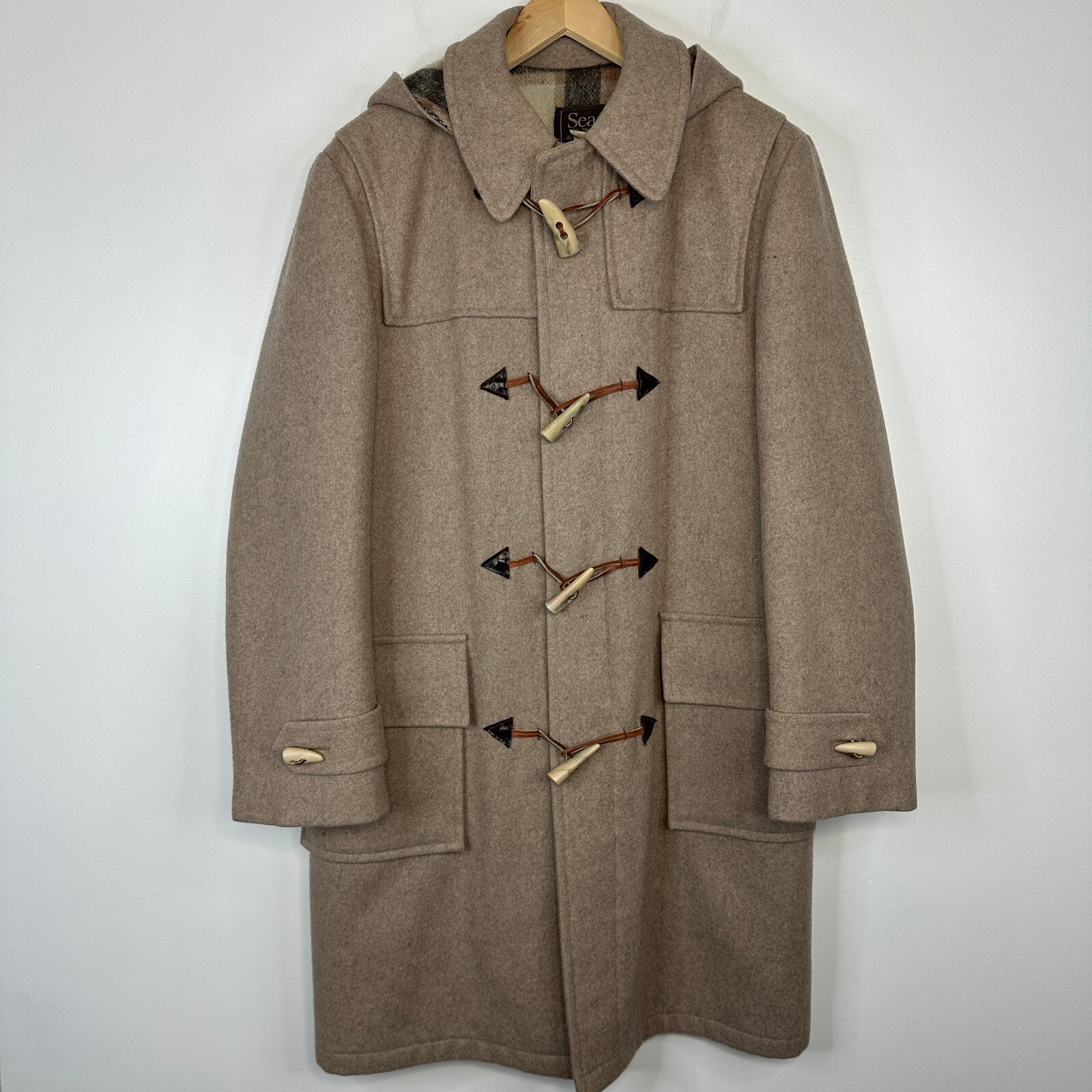 Vintage Sears 60s 70s Plaid Lined Wool Duffle Coat Toggle