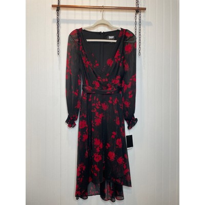 NWT DKNY Red and Black Floral Long Balloon Sleeve Midi Dress Wrap Skirt Size 0