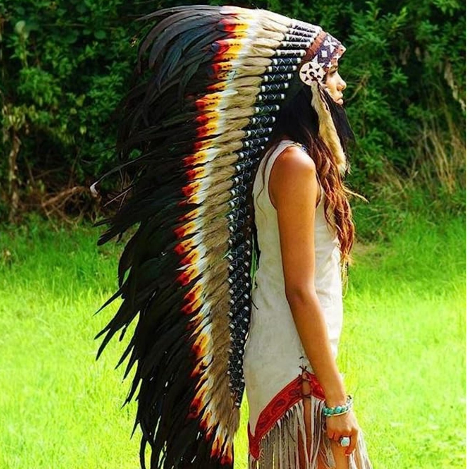 Pre-owned Handmade Native American Indian Inspired Feather Headdress Tribal Halloween Costume Props In Multi-color