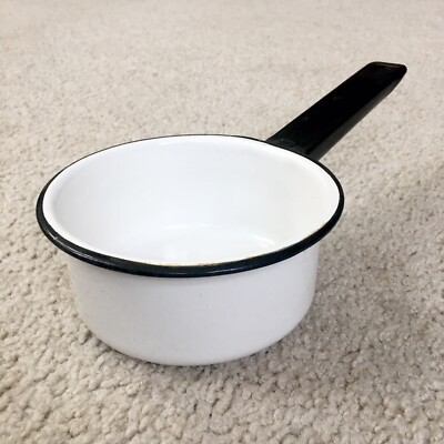 Vintage 1940s Small Black and White Enamelware Saucepan 5 1/4  - Farm Rustic