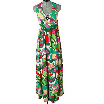 NWT Gorgeous 70s Style Green Pink Floral Halter Maxi Dress Spring Summer Size XS