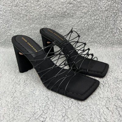 Good American Heels Women 8 Shoe Black Mule Block String Caged Open Toe Neoprene