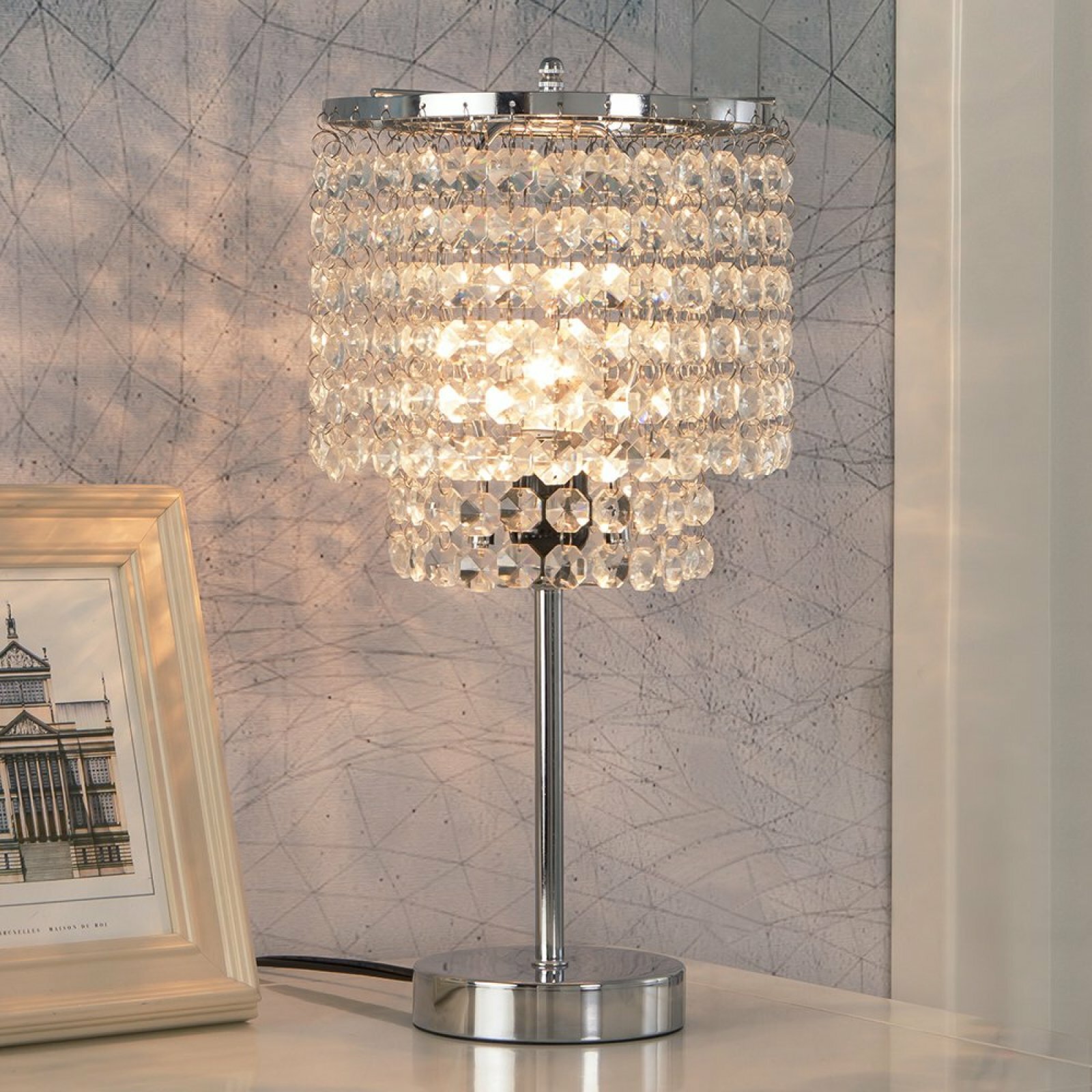 Details About Home Bedside Table Lamp Modern Chrome Crystal Beads Night Light