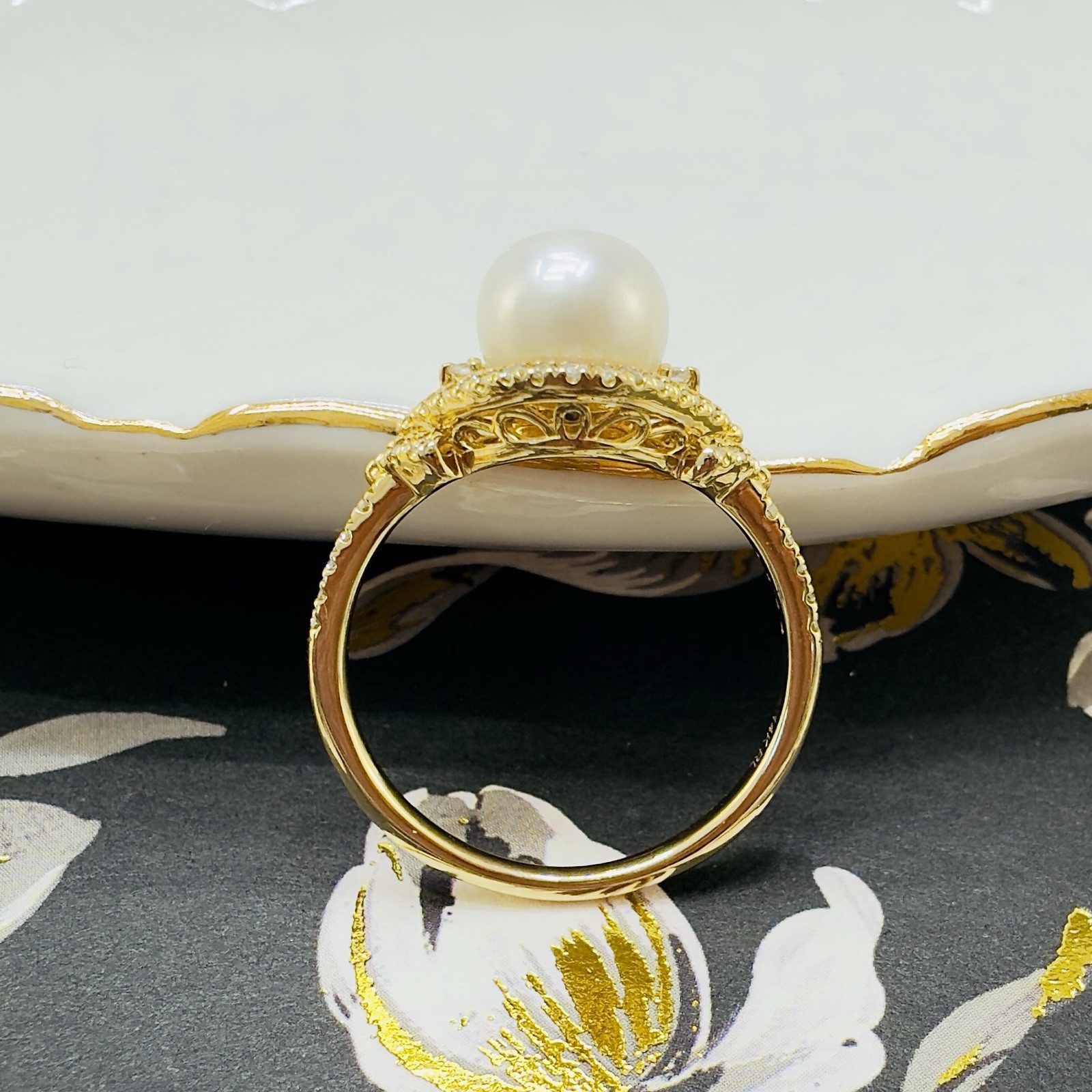 14k Yellow Gold Genuine Cultured Pearl & Diamond Halo Ring, Sz 7, New - Picture 5 of 10