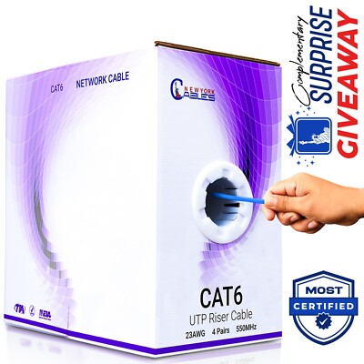 Cat6 Plenum / Riser 1000ft Cable CMP | Ethernet Internet Wire | 23AWG 550Mhz