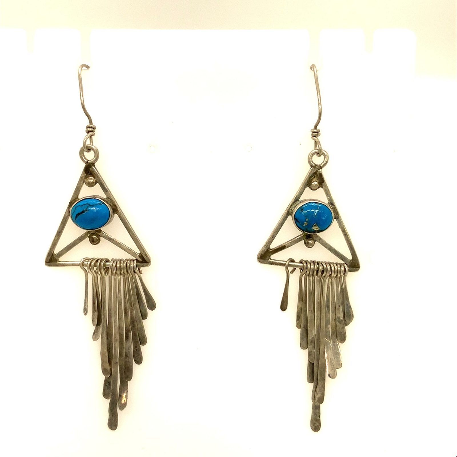 Vintage Signed Sterling Native American Turquoise Triangle Dangle Hook Earrings