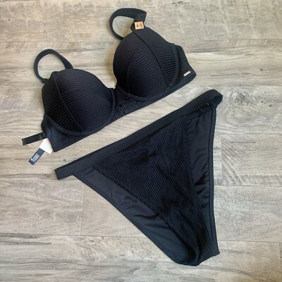 Victoria Secret Push Up Ribbed Bra High Waist Panty Set  Black Size M C-D NWTs