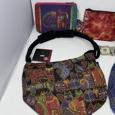 5 LAUREL BURCH Folk Art Deco Three Make Up Bags, Two Handbags Cats Horses, Etc￼