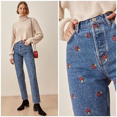 Reformation Mushroom Embroidered High Rise Straight Jeans Size 24 NWOT