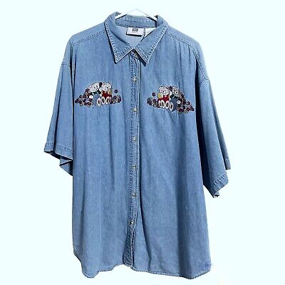 Faded Glory Womens Denim Jean Shirt Short Sleeve Size 22 W Embroidered Pockets
