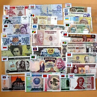 50 Pcs Different Foreign World Banknotes Flags 25 Country