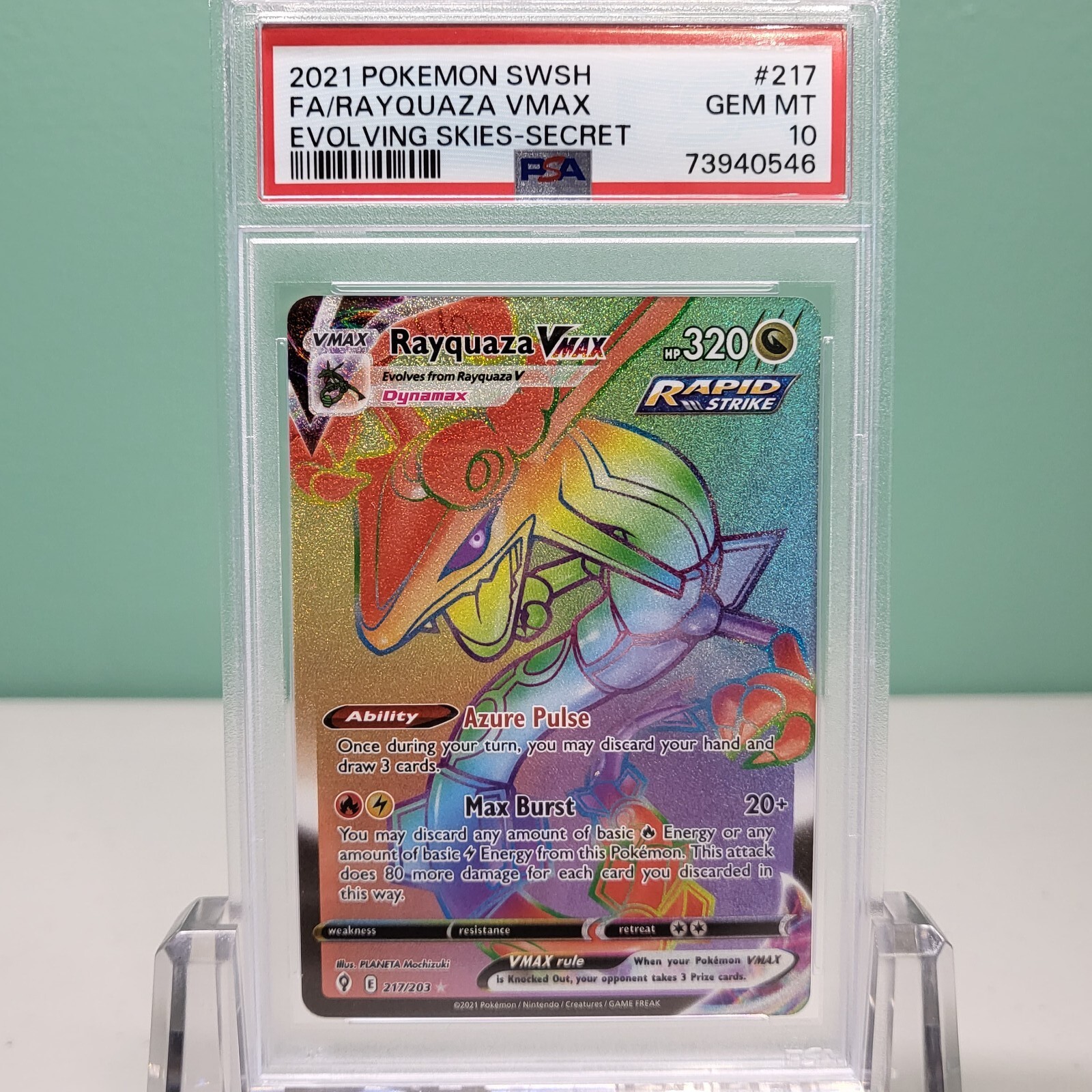 Rayquaza VMAX Secret Rare PSA 10 Pokemon Evolving Skies 217 Rayquaza VMAX Secret Rare PSA 10 Pokemon Evolving Skies 217