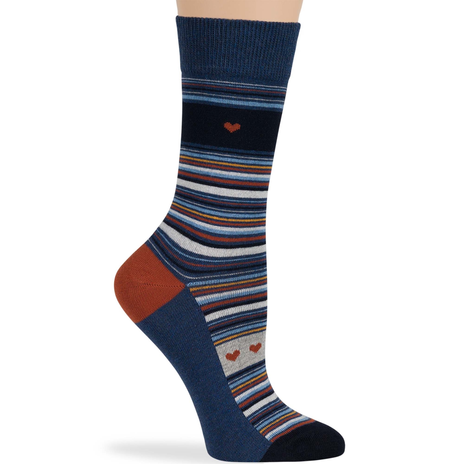 Women Cotton Crew Socks-4 Pack Large - Heart-Stripe -Navy Blue Brown Orange - Picture 10 of 12