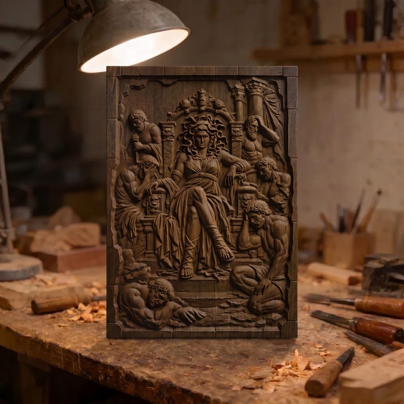 Medusa from Ancient Greek Mythology Wooden Carving Bas Relief | Wood Panel Art