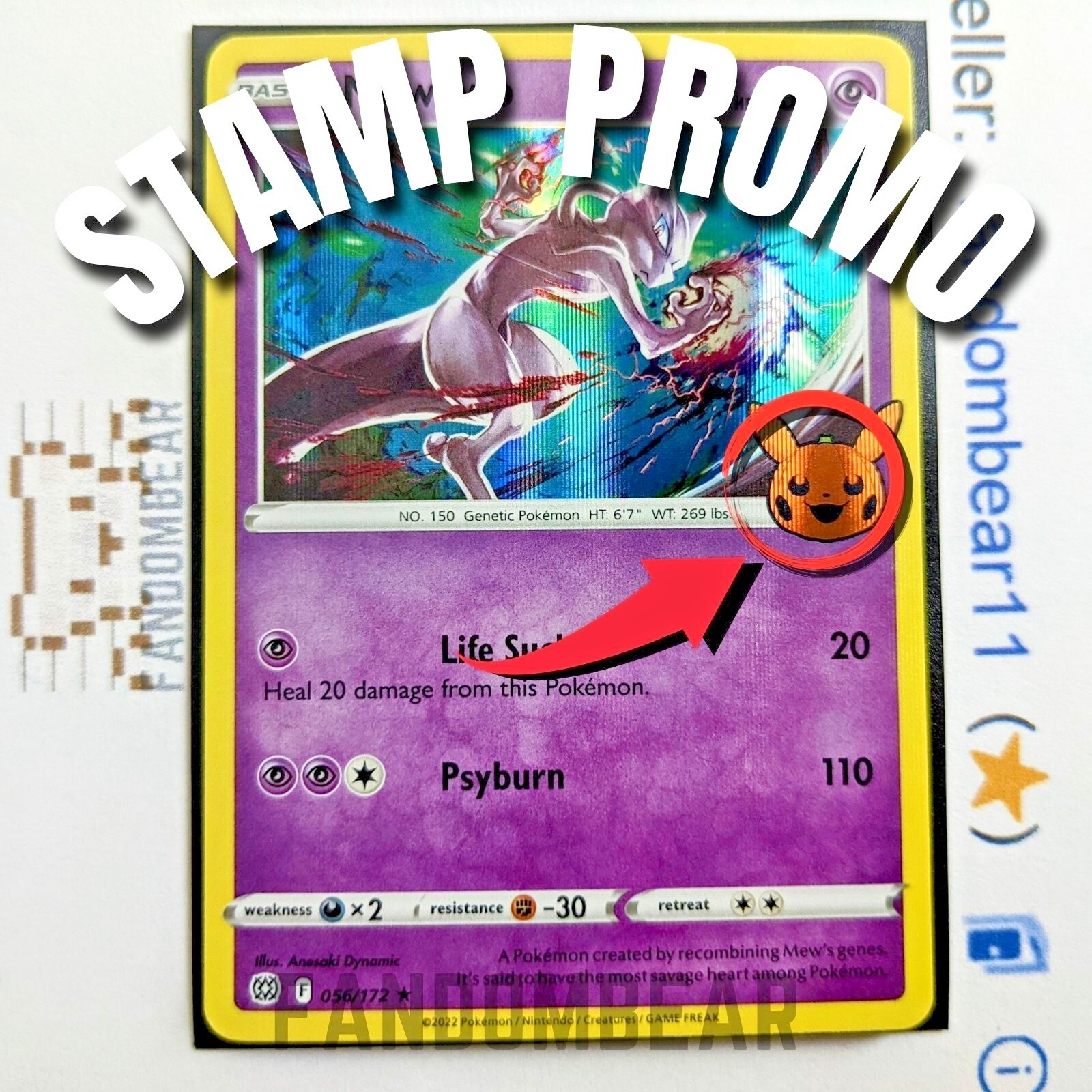 Mewtwo HOLO PIKACHU PUMPKIN STAMP PROMO card 056/172 SWSH Mewtwo HOLO PIKACHU PUMPKIN STAMP PROMO card 056/172 SWSH