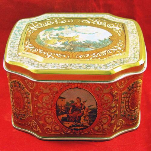 Tin Empty Can Metal Container Box Gold Metallic Scenes Of Man, Lady & Angels