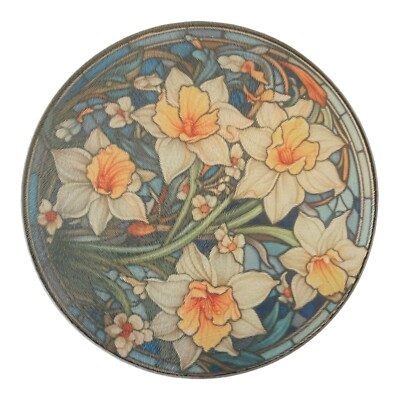 8  Round Tempered Glass Cutting Board~StainGlass Style~Daffodils~Flowers~Kitchen