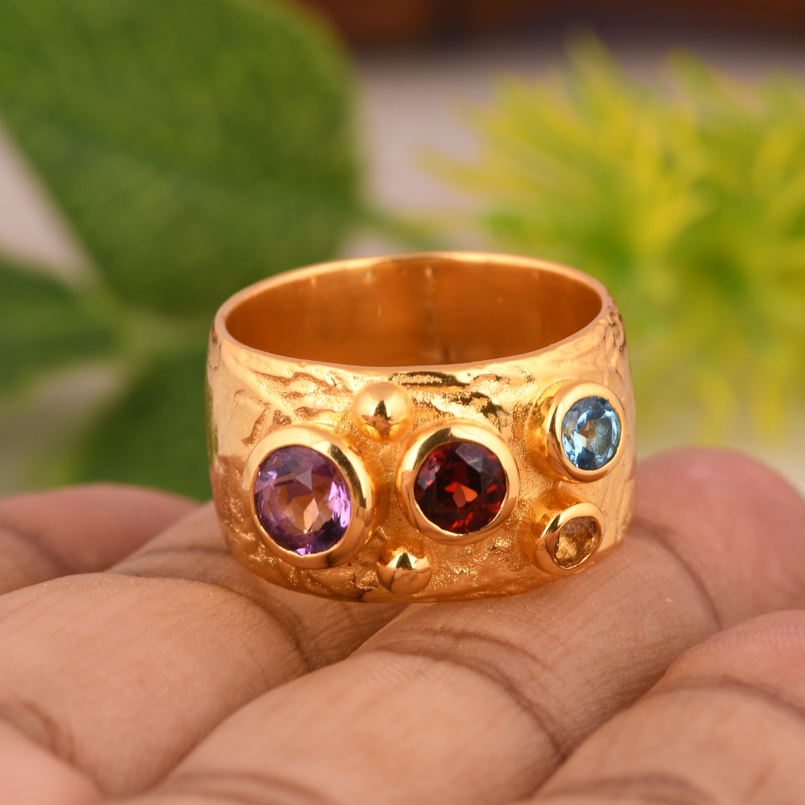 Wide Band Multi Stone Studded Ring Amethyst-Citrine-Blue
