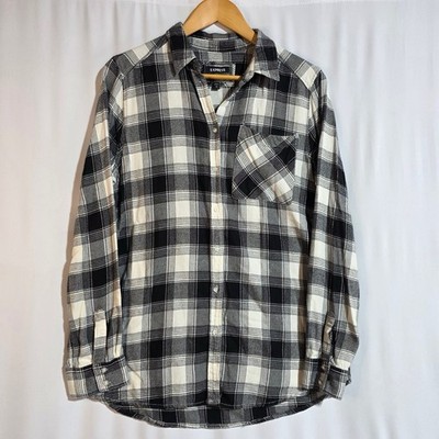 Express Women’s Medium Boyfriend Fit Plaid Flannel Shirt Black White