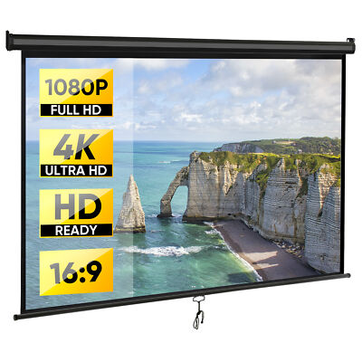 80'' Projection Screen Manual Pull Down 16:9 HD Projector Movie Screen Home Black