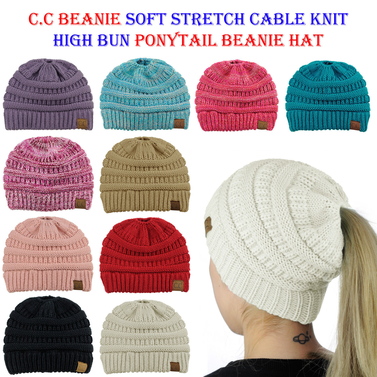 Cc Ponytail Beanie Hat Soft Stretch Cable Knit High Bun Ponytail C.C Beanie!