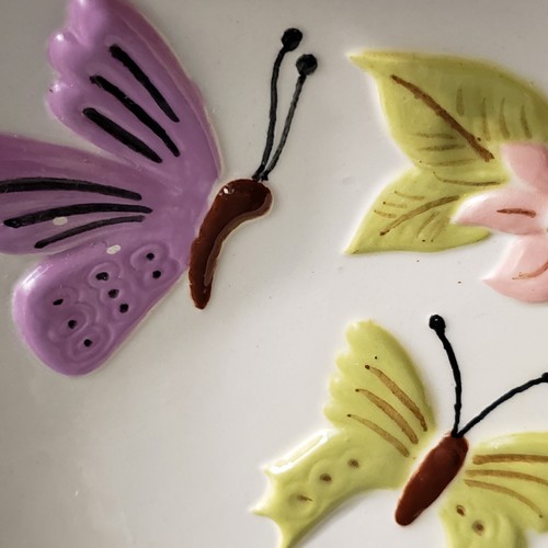 Vintage Pottery Mid-Century 1950s Square Creamic Curve Dish Butterflies & Flower