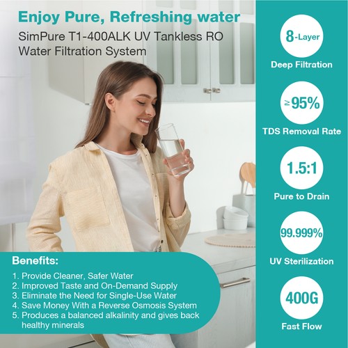 WP2-400 GPD 8 Stage UV Reverse Osmosis Alkaline pH+ Water Filter System Purifier