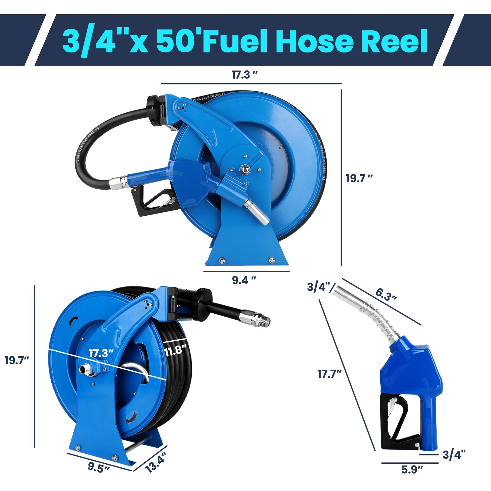 Diesel Fuel Hose Reel Retractable 3/4" x 50' Spring Driven Auto Swivel Rewind