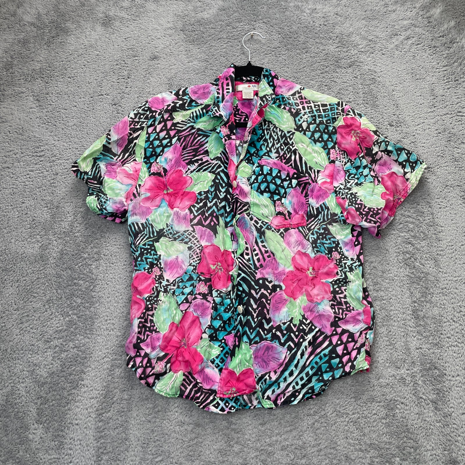 Vintage French Navy Womens Shirt Large Pink Floral Tropical Hawaiian Button Up