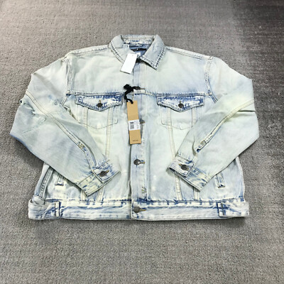 KSUBI Jacket Mens Large Washed Denim  Distressed Phase Out Stencil Light Blue