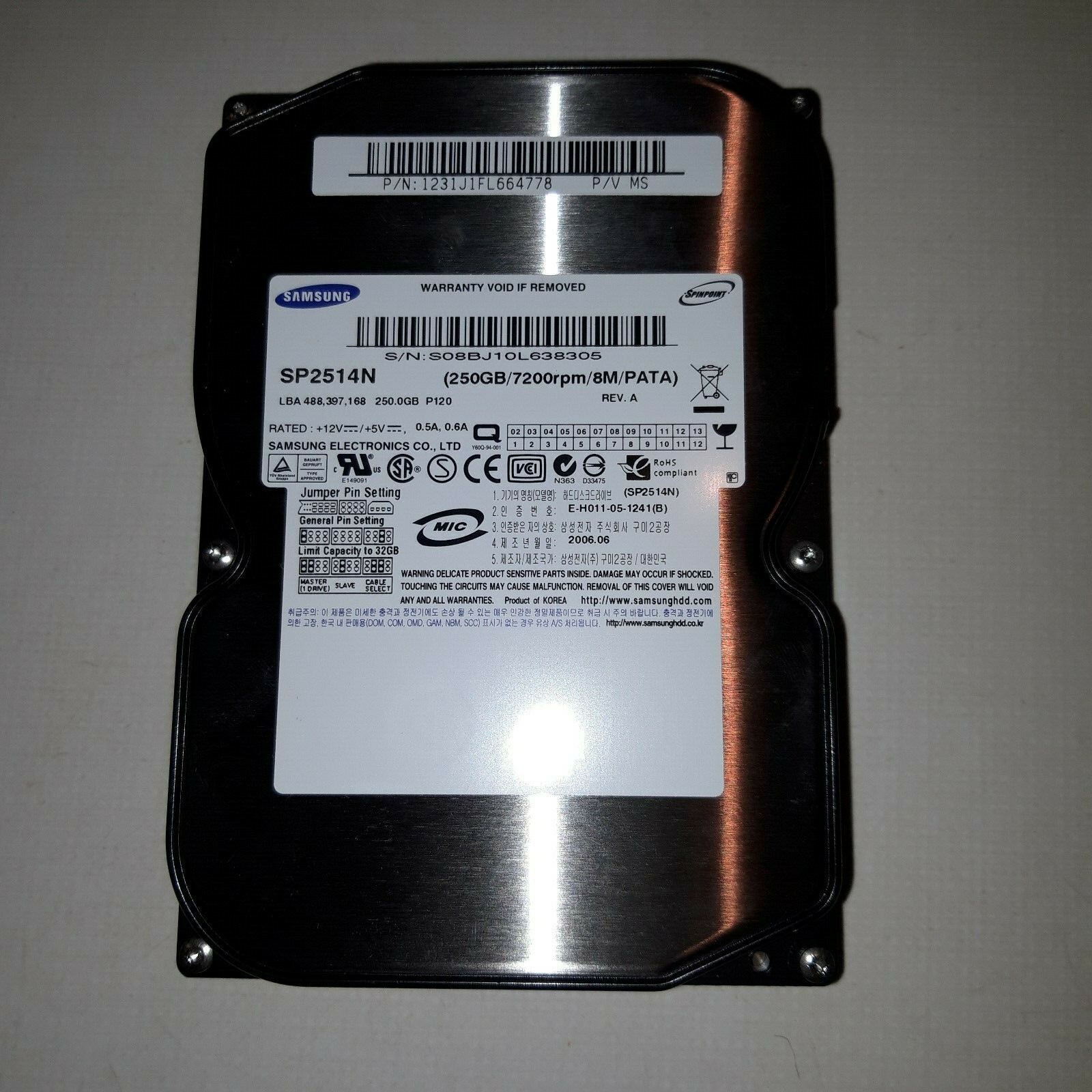  3,5 Zoll IDE Festplatte 250 GB Samsung Spinpoint SP2514N 7200rpm 8MB 