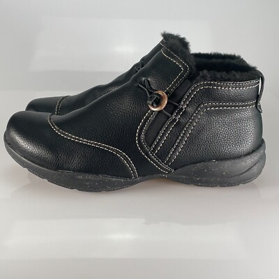 Clarks Womens ROSEVILLE ASTER Bootie Black Leather Zip Button Faux Fur Sz 9.5