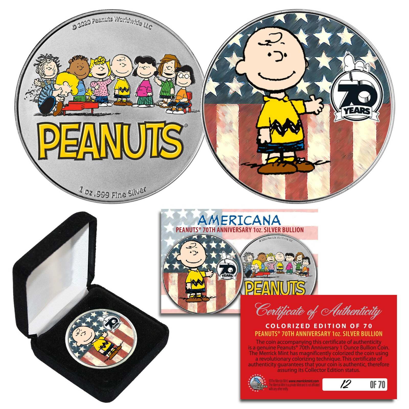 2020 Peanuts Charlie Brown 70th Anniv 1 OZ .999 SILVER Coin