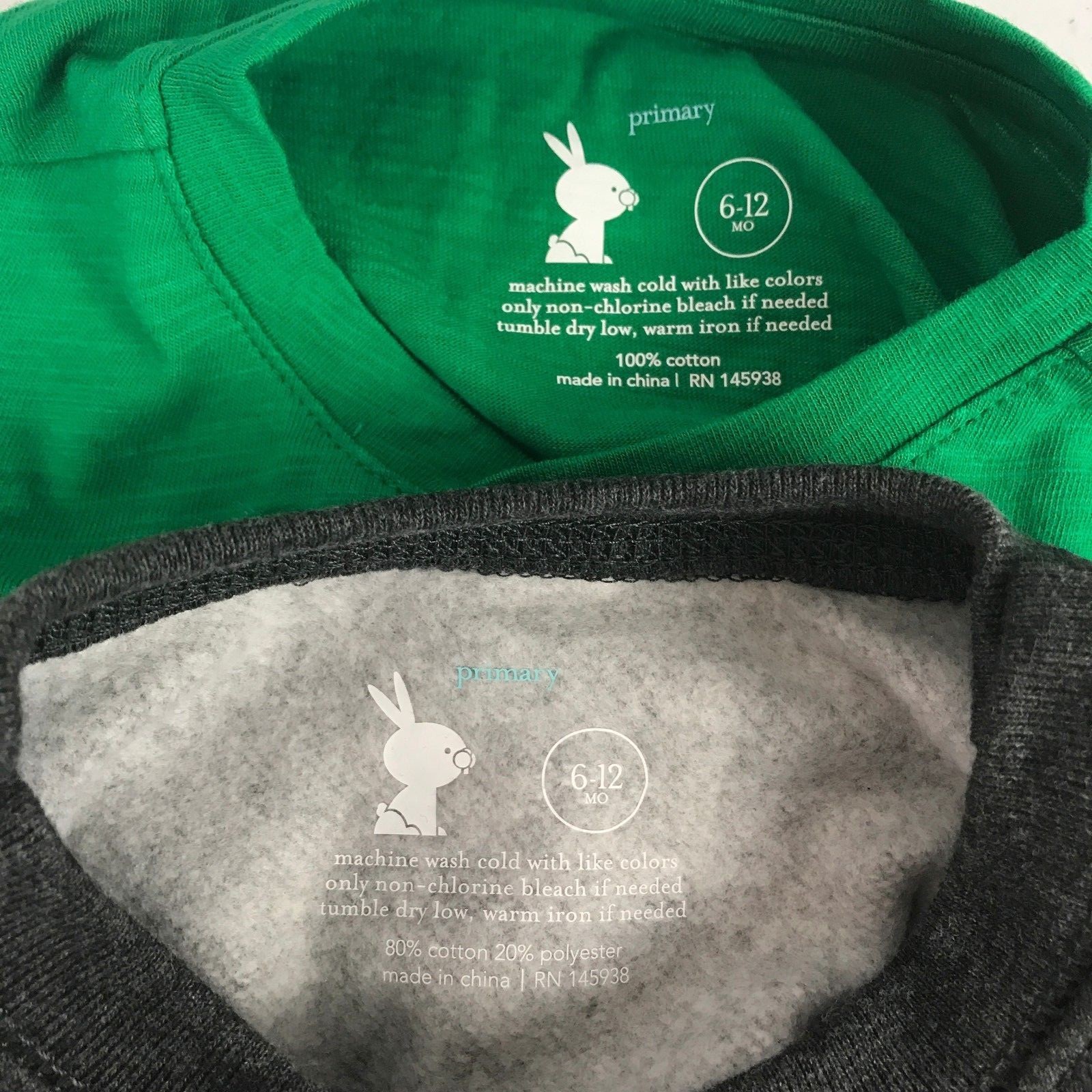 Lot of 2 Primary Boys 6-12 mos Short Sleeve Green Romper and Gray Sweatshirt NWT