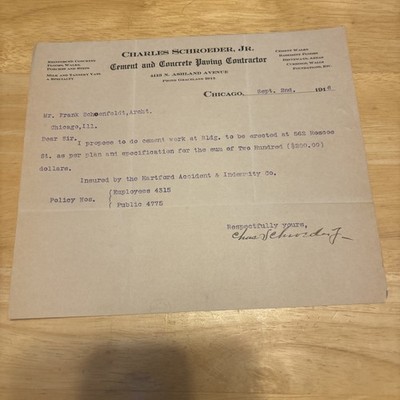 1916 Billhead Charles Schroeder Jr. Chicago Illinois Cement Concrete Pouring