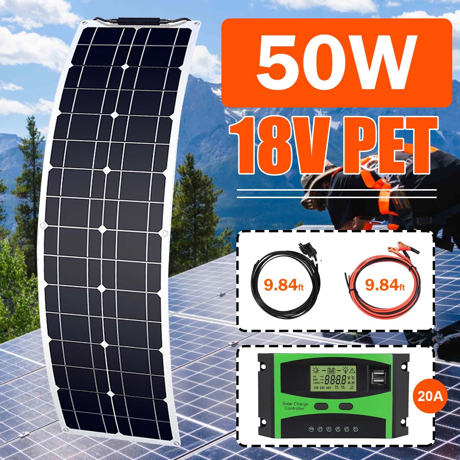 Flexible Mono 50Watt 12V Solar Panel PV Cable 20A Controller