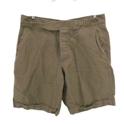 BROOKS BROTHERS Olive Green Linen Cotton Shorts Adjustable Waist Cuffed Size 38