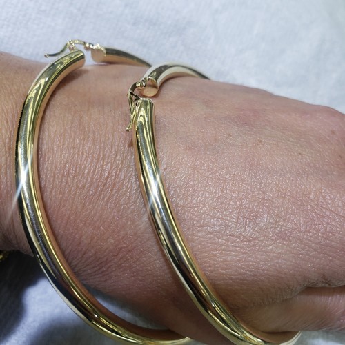 Pre-owned Handmade Extra Large Big Huge Thick Real 14k Yellow Gold Plain Hoop Earrings 3.50 Inches